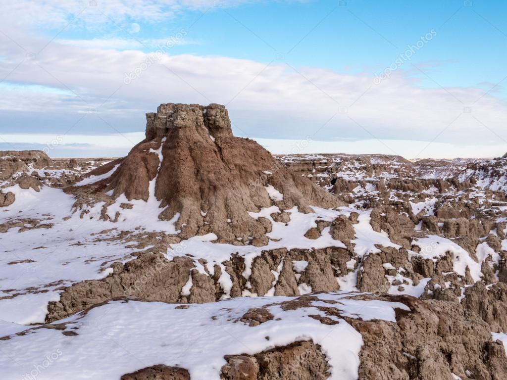 Butte in the Badlands in Winter