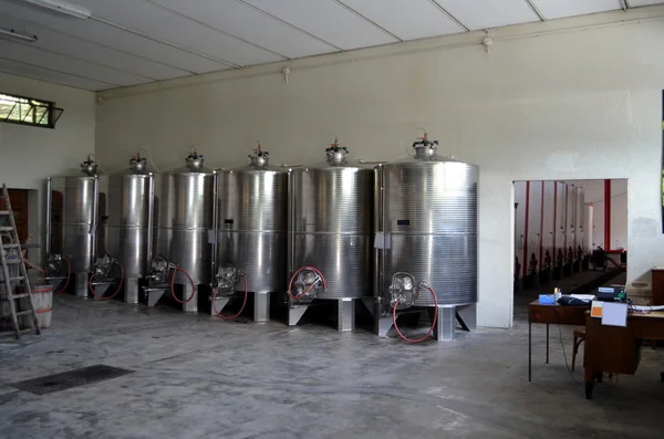 Serbatoi in acciaio inox per la fermentazione del vino Produzione moderna di vinificazione — Foto Stock