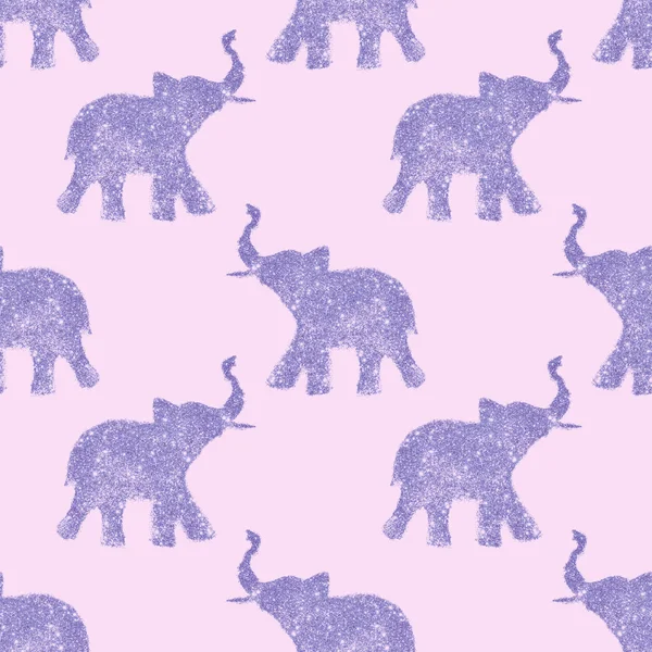 キラキラの素敵な抽象的な象とのシームレスなパターン。彼らのトランクが上がる - 幸運のシンボル。紫色の背景 — ストック写真