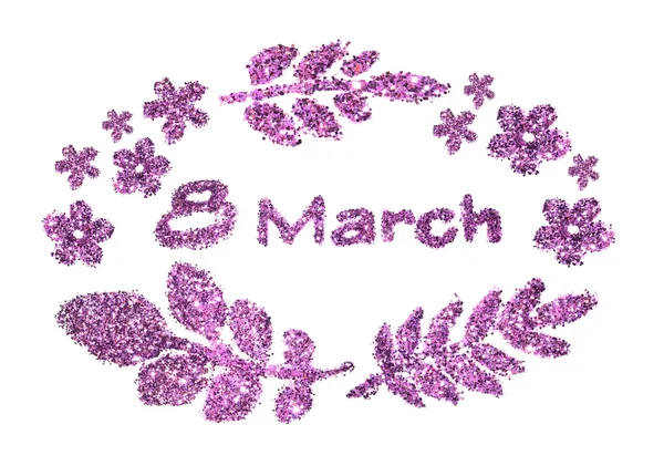 Κείμενο 8 Μαρτίου, συμπαθητικό λίγα λουλούδια και τα φύλλα του μοβ λάμψη σε άσπρο φόντο. Μπορεί να χρησιμοποιηθεί ως ένα ενδιαφέροντα στοιχεία για το σχέδιό σας ή μια ευχετήρια κάρτα — Φωτογραφία Αρχείου