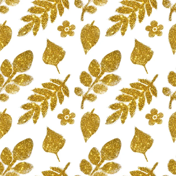 Leaves and flowers of golden glitter on white background, seamless pattern — Stock Photo, Image