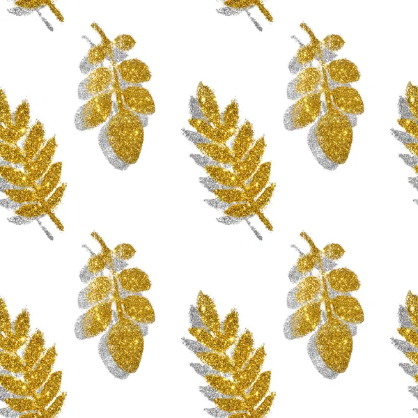 Leaves of golden and silver glitter on white background, seamless pattern — Stock Photo, Image