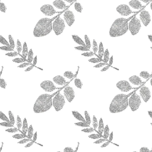 Leaves of silver glitter on white background, seamless pattern — Stock Photo, Image