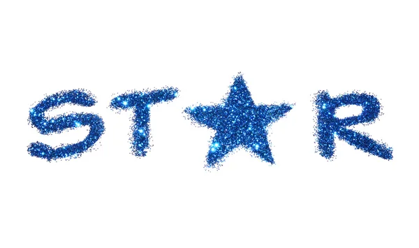 Wort Stern von blauem Glitzern funkeln auf weißem Hintergrund — Stockfoto
