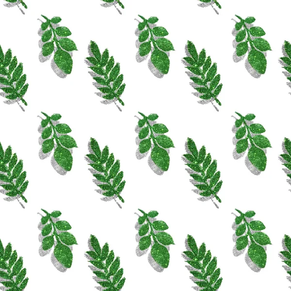 Leaves of green and silver glitter on white background, seamless pattern — Stock Photo, Image