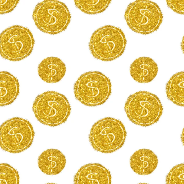 황금 반짝이, 흰색 배경의 달러 표시 라운드 동전의 완벽 한 패턴 — 스톡 사진