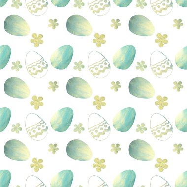Mavi inci Paskalya yumurtaları ve beyaz arka plan üzerinde küçük çiçekler ile Seamless Modeli