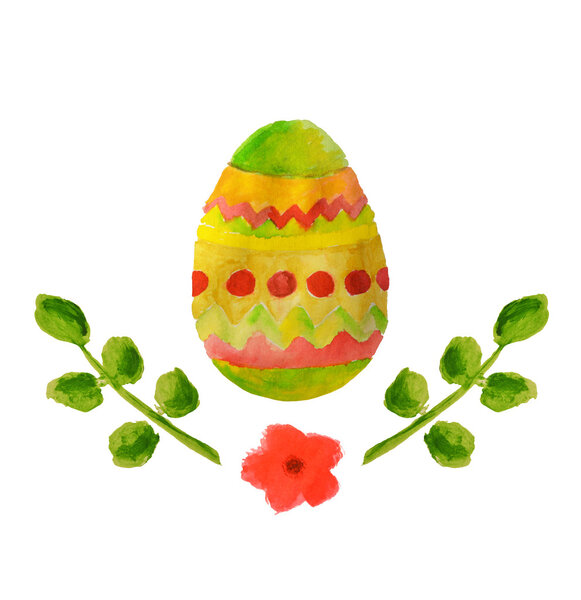 Цветные пасхальные яйца акварелью, зеленые листья и маленький красный цветок
