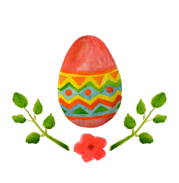 Барвисте акварельне великоднє яйце, зелене листя і маленька червона квітка — стокове фото