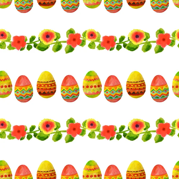 Seamless pattern with colorful watercolor Easter eggs, green leaves and flowers — Stock Photo, Image