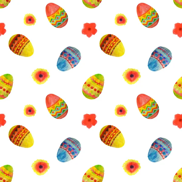 Seamless pattern with colorful watercolor Easter eggs and flowers on white background — Stock Photo, Image