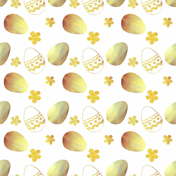 Modello senza cuciture con uova di Pasqua perlacee dorate e blu e piccoli fiori su sfondo bianco — Foto Stock