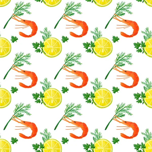 Padrão sem costura com fatias de aquarela de limão, camarões, endro e salsa — Fotografia de Stock