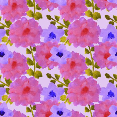 Güzel suluboya çiçek ve yeşil yaprakları ile Seamless Modeli