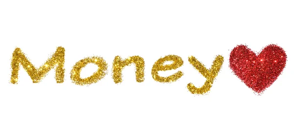 Ordet pengar guld glitter och hjärtat av rött glitter på vit bakgrund — Stockfoto