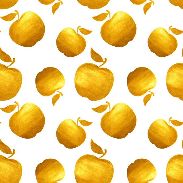 白い背景の上の黄金の手描きのりんごとのシームレスなパターン — ストック写真