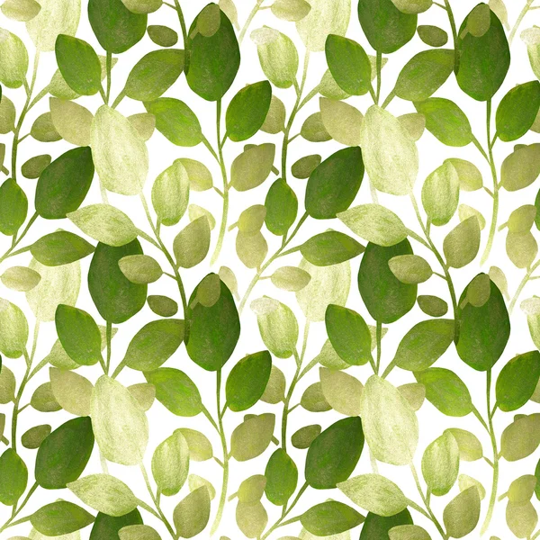 Silver and green hand-painted leaves on white background, seamless pattern — Stock Photo, Image