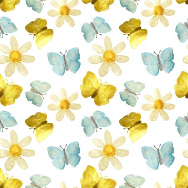 Boyalar inci papatya ile çizilmiş, beyaz altın ve mavi kelebekler arka plan, Dikişsiz desen 