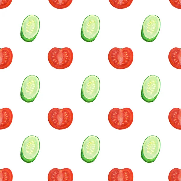 Seamless pattern with watercolor slices of tomatoes and cucumbers — Stock Photo, Image