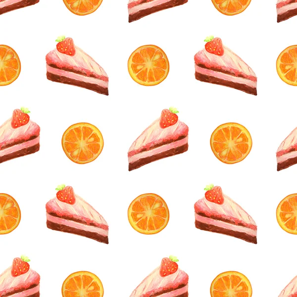 Padrão sem costura com bolos de morango aquarela e fatias de laranja — Fotografia de Stock