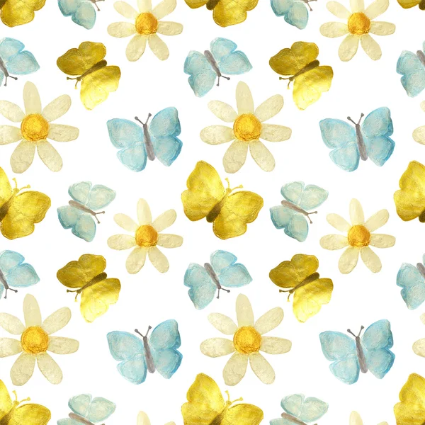 Ręcznie rysowane z farby perłowe rumianek, złoty i niebieski motyle na białym tle, bez szwu wzór — Zdjęcie stockowe