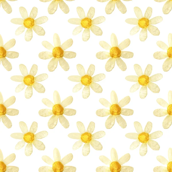 Hand-drawn with paints pearly chamomile on white background, seamless pattern — 스톡 사진