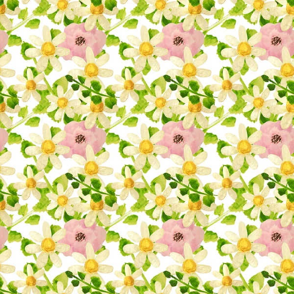 Hand-drawn with paints chamomile, pink flowers and green leaves on white background, seamless pattern — ストック写真