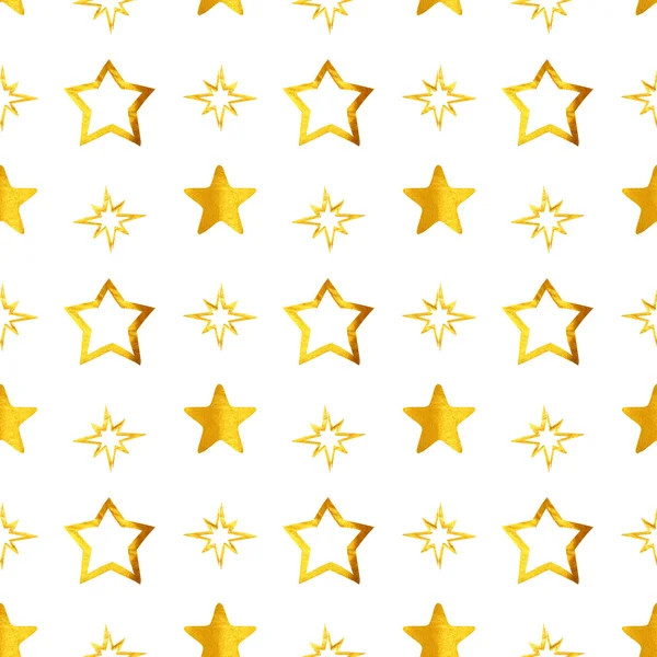 Seamless pattern with golden hand-painted stars on white background