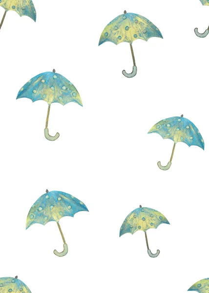 Motif sans couture avec des parapluies bleus dessinés à la main avec des cercles blancs sur fond blanc — Photo