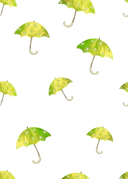 Seamless pattern with hand drawn green umbrellas with white circles on white background — Zdjęcie stockowe