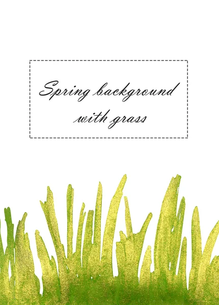 Hand-drawn grass with green and golden paints on white background with place for your text — Stock Photo, Image