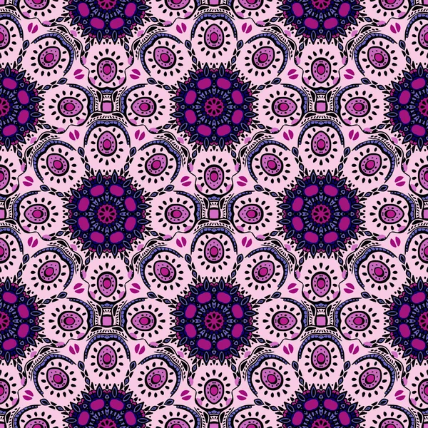 Sömlöst mönster med Mandalas. Vektor ornament i lavendel färger, runda dekorativa element för din design — Stock vektor