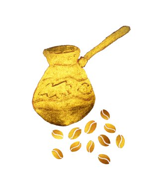 Beyaz arka planda inci altın Türk kahvesi demliği ve kahve çekirdekleri