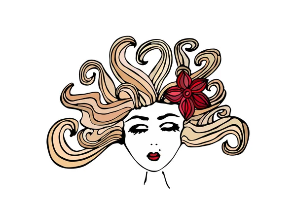 Hermosa chica dibujada a mano con los ojos cerrados, pelo rubio disperso y con una flor en el pelo, ilustración vectorial — Vector de stock