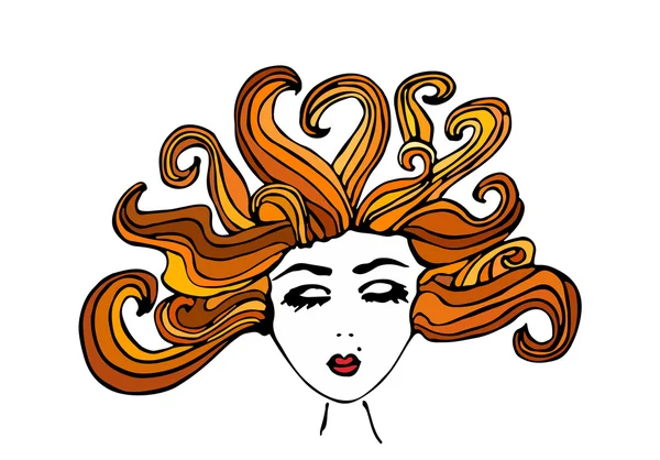 Belle fille dessinée à la main avec les yeux fermés et les cheveux bruns dispersés, illustration vectorielle — Image vectorielle