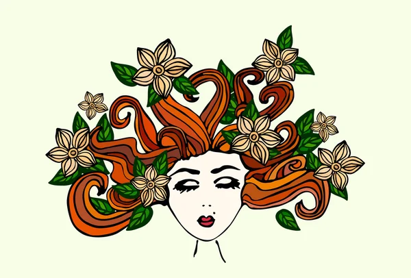 Hermosa chica dibujada a mano con los ojos cerrados, pelo castaño disperso, con flores y hojas verdes en su cabello, ilustración vectorial — Vector de stock