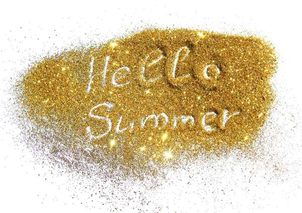 Надпись Hello Summer on golden glitter sparkle on white background — стоковое фото