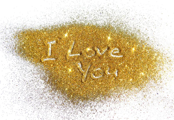 Inskription I Love You på golden glitter glitter på vit bakgrund — Stockfoto