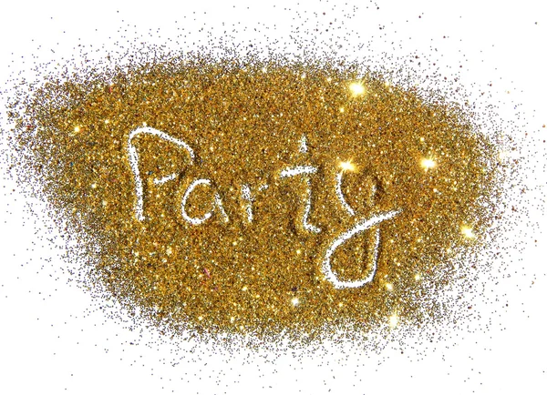 Beschriftung Party auf goldenem Glitzerglitzern auf weißem Hintergrund — Stockfoto