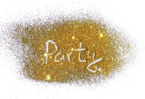 Inskrift Party på golden glitter glitter på vit bakgrund — Stockfoto