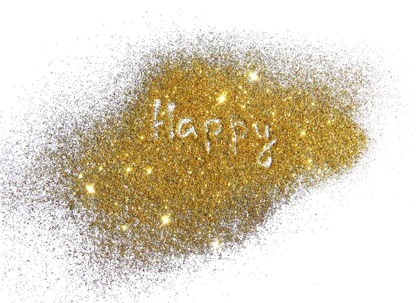 Inscription Happy sur paillettes dorées scintillent sur fond blanc — Photo