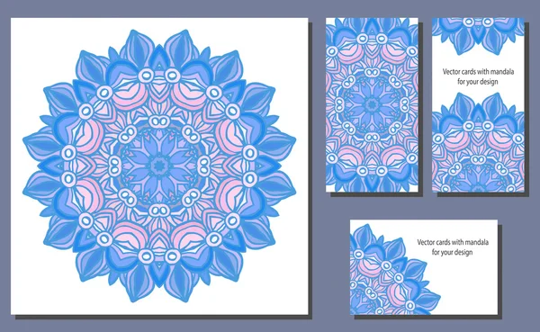 Mandala. Adorno vectorial en colores de moda de 2016 año. Y tres tarjetas con él para su diseño — Archivo Imágenes Vectoriales