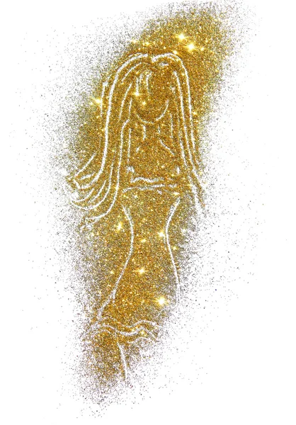 Silhouette of a girl in a short dress and with long hair of golden glitter — Stock Photo, Image