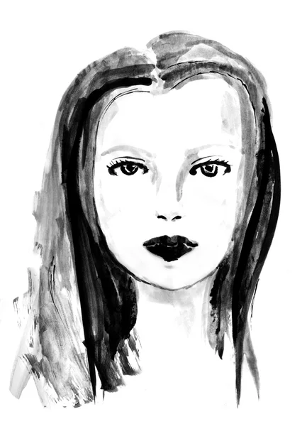 Mujer, dibujo de tinta. Ilustración de moda. Boceto de tinta sobre fondo blanco —  Fotos de Stock