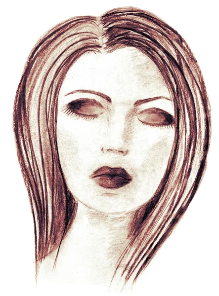 Femme aux yeux fermés, dessin au fusain. Illustration mode. Croquis au fusain sur fond blanc — Photo