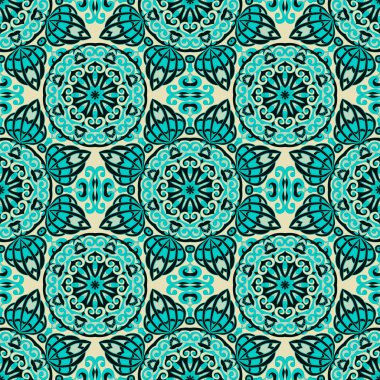 Mavi, beyaz ve siyah renklerde mandalalar ile dekoratif seamless modeli. Vektör arka plan. Kağıt, scrapbooking, baskı, davet ve diğer sarma için kullanılabilir