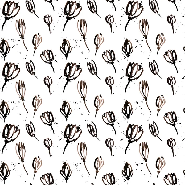 白い背景に抽象的な黒い花の芽 手描きの水彩画のイラスト シームレスなパターン — ストック写真
