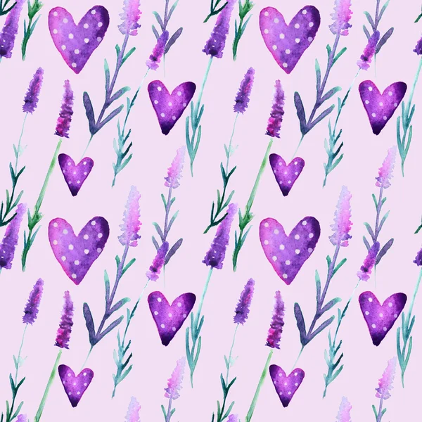 Hermosa Acuarela Lavanda Corazones Púrpura Ilustración Dibujada Mano Patrón Sin —  Fotos de Stock