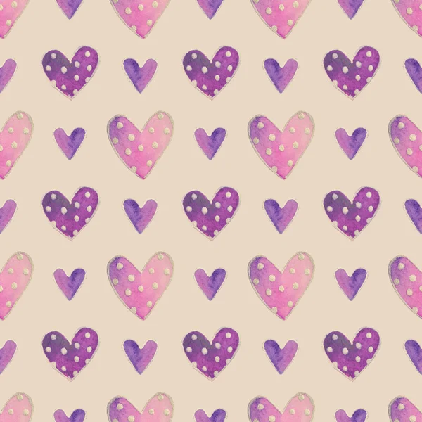 Cute Watercolor Purple Hearts Polka Dot Hand Drawn Illustration Seamless — Stock Photo, Image