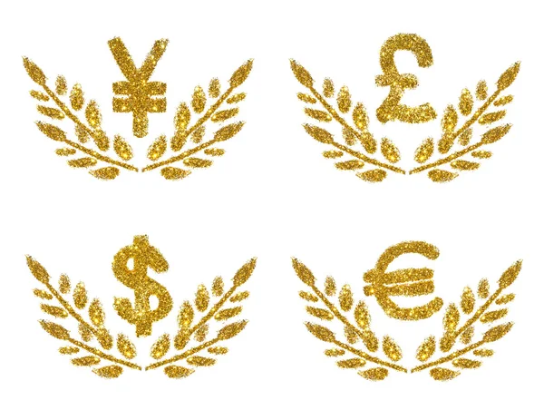 Set con Yen Giapponese, Sterlina Britannica, Dollaro e cartelli Euro, ramoscelli con foglie di glitter dorato su sfondo bianco. Concetto di prosperità — Foto Stock